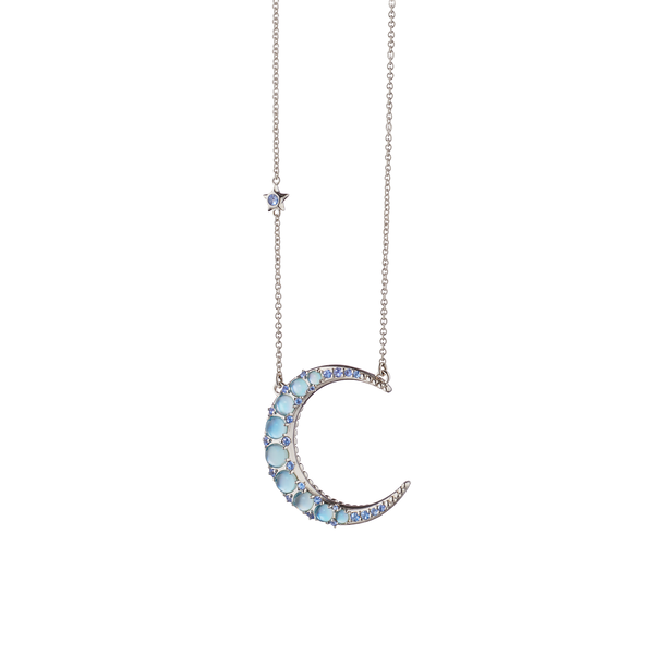 Sun, Moon & Stars Crescent Moon Silver and Blue Topaz Pendant